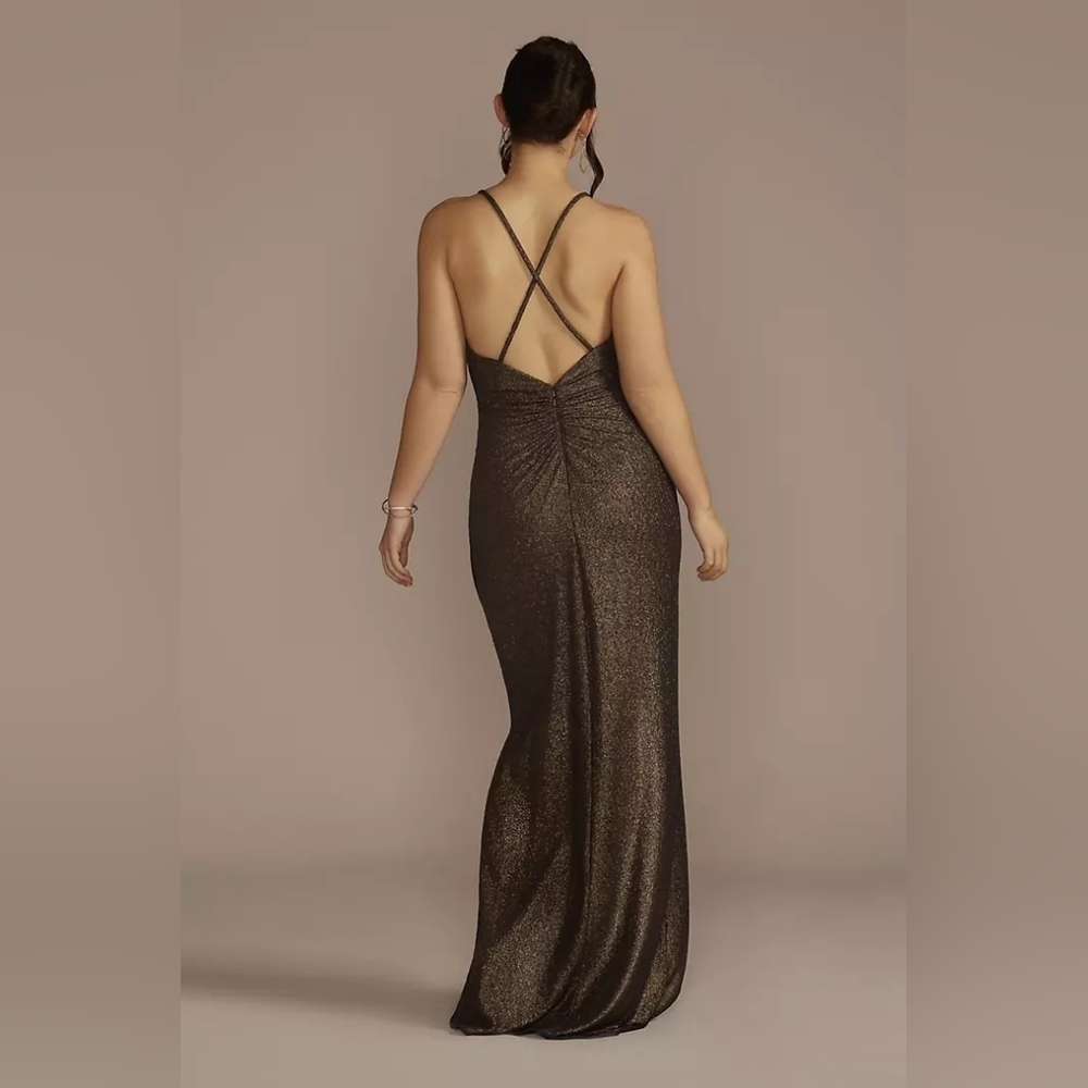 DB STUDIO | Cowl Neck Metallic Glitter Knit Sheath w/ Slit in Bronze sz 4 - Picture 13 of 14